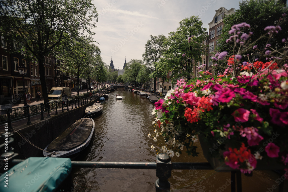 Obraz premium Amterdam cityscape with canal, bridge and typical Dutch Houses. Amsterdam, Netherlands.