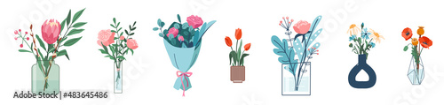 Flower bouquet in vase vector illustration. Floral blossom in bottle