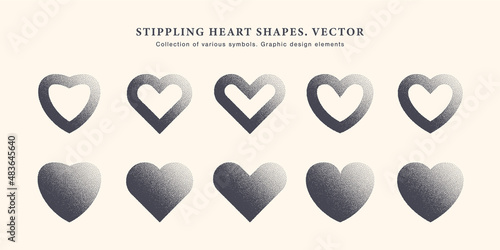 Stippling Heart Shape Vector Set. Collection Of Various Dotted Hearts Icons Isolated On Light Background. Valentine's Day Assorted Different Modern Graphic Hearts Love Symbol Design Elements