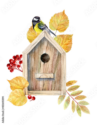 Slika na platnu Watercolor illustration of wooden birdhouse with titmouse and autumn leaves