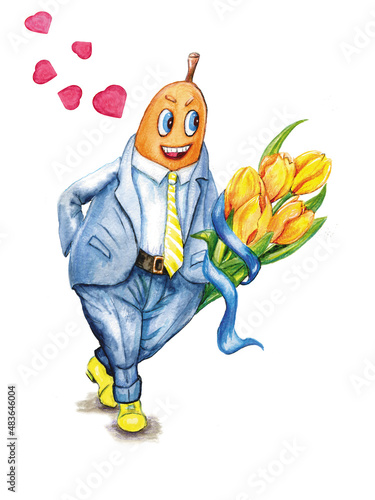 Hand drawn watercolor card with a cartoon character and a bouquet of tulips. photo