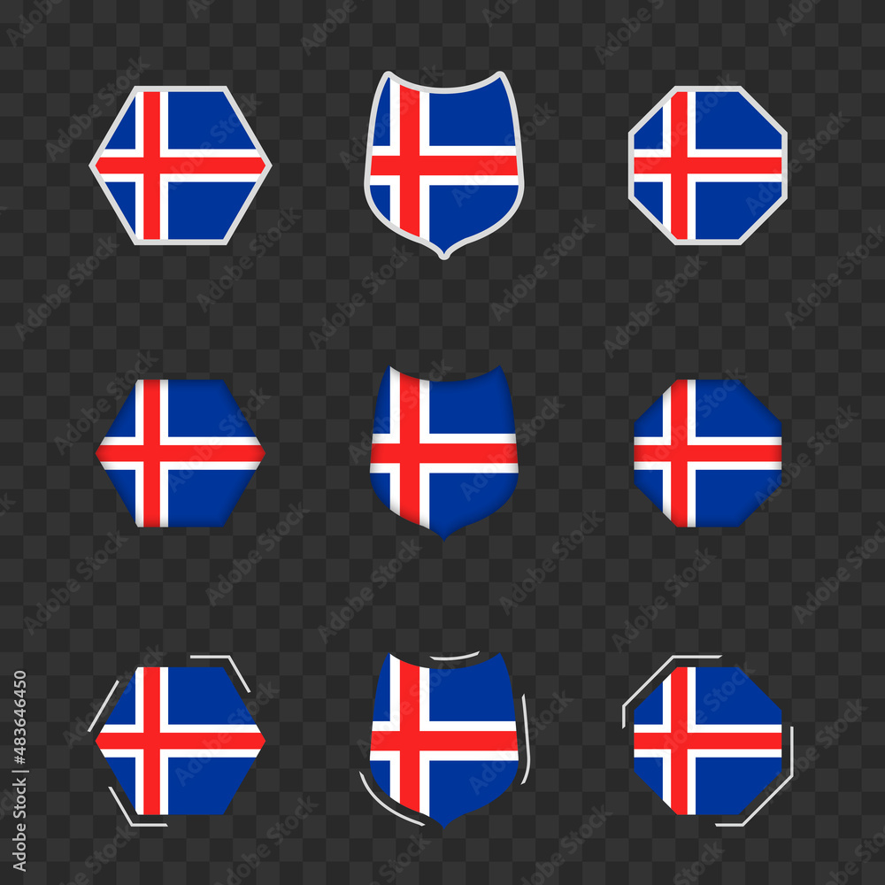 National symbols of Iceland on a dark transparent background, vector flags of Iceland. National symbols of Iceland on a dark transparent background, vector flags of Iceland.