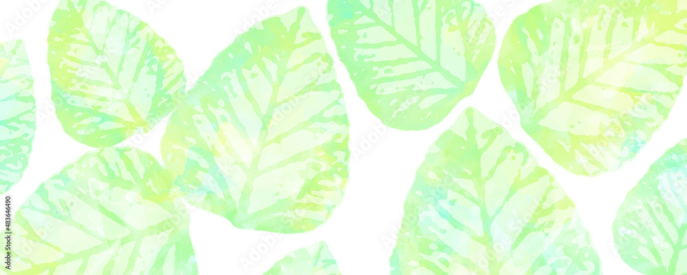 Vector watercolor art background with green leaves. Hand drawn vector texture. Hand painted watercolor texture for cards, flyer, poster, banner, and cover design. Spring template for design.