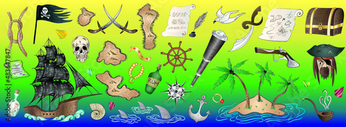 Pirate doodle set collection elements on bright background. Cartoon style vector illustration.