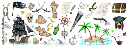 Pirat doodle set collection elements on white background. Cartoon style vector illustration.
