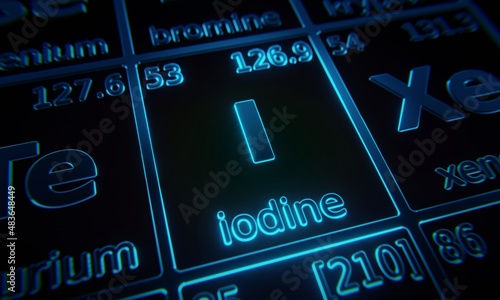 Focus on chemical element Iodine illuminated in periodic table of elements. 3D rendering