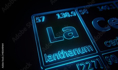 Focus on chemical element Lanthanum illuminated in periodic table of elements. 3D rendering