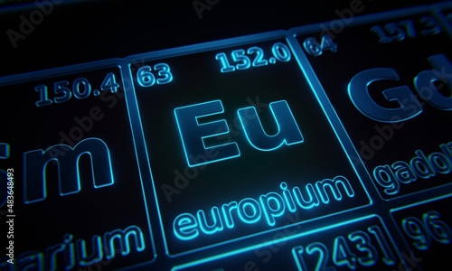 Focus on chemical element Europium illuminated in periodic table of elements. 3D rendering