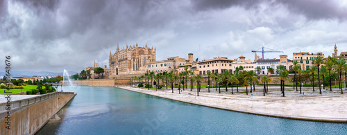 impressive panoramic view of the historic part of the old town Palma de Mallorca  the marine park and Cathedral La Seu or Palma Cathedral - pearl of the spanish Balearic Island  warm winter in Spain