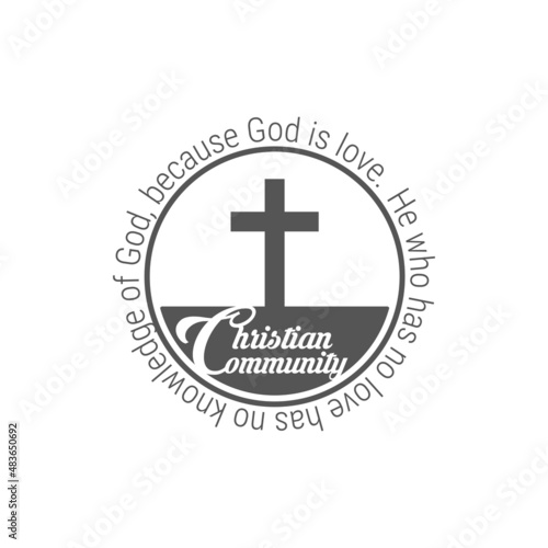 Christian community circle emblem. Local church sign. Cross and Bible quote. Flat vector illustration isolated on white background.