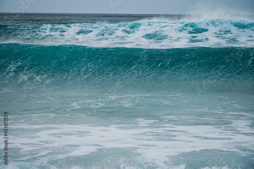 Green wave on the beach breaking in the wind