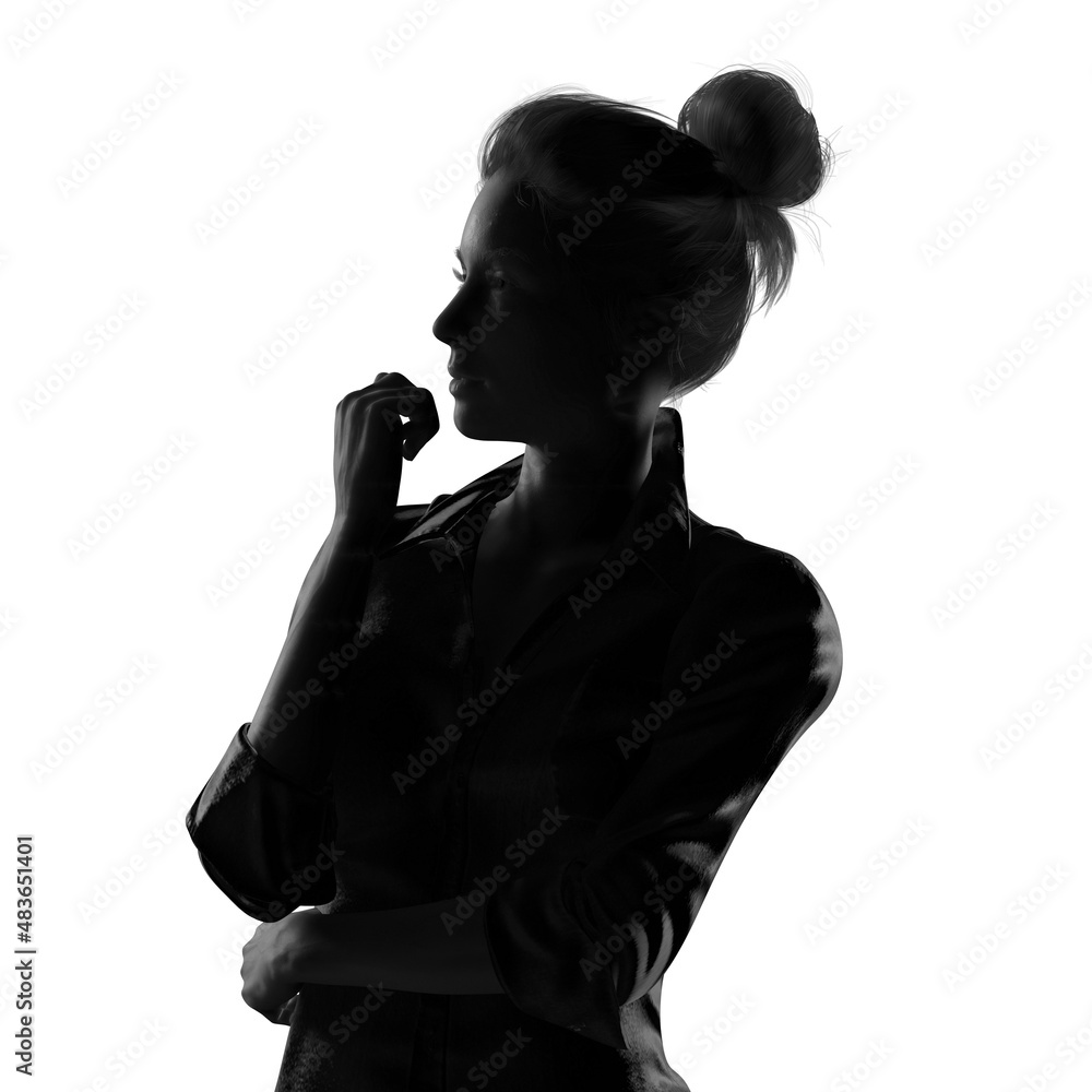 Silhouette of thinking woman. Mindfulness. 3d render, concept Closeup portrait of beautiful young woman thinking daydreaming deeply about something, isolated on white background. Considering posture.