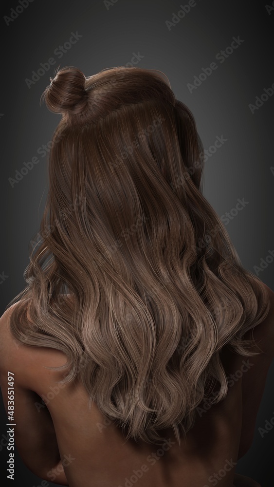 Portrait of a beautiful posing young brunette woman with salon design hair. Back view. Side view. Thick hair women's fashion. Haircare. 3D rendering.
Portrait of a beautiful posing young brunette woman with salon design hair. Back view. Side view. Thick hair women's fashion. Haircare. 3D rendering.