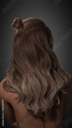 Portrait of a beautiful posing young brunette woman with salon design hair. Back view. Side view. Thick hair women's fashion. Haircare. 3D rendering. 