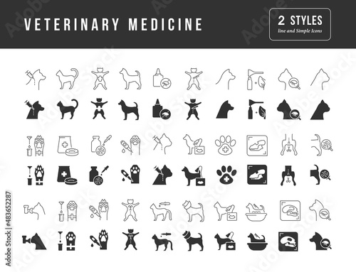 Veterinary Medicine. Collection of perfectly simple monochrome icons for web design, app, and the most modern projects. Universal pack of classical signs for category Medicine.