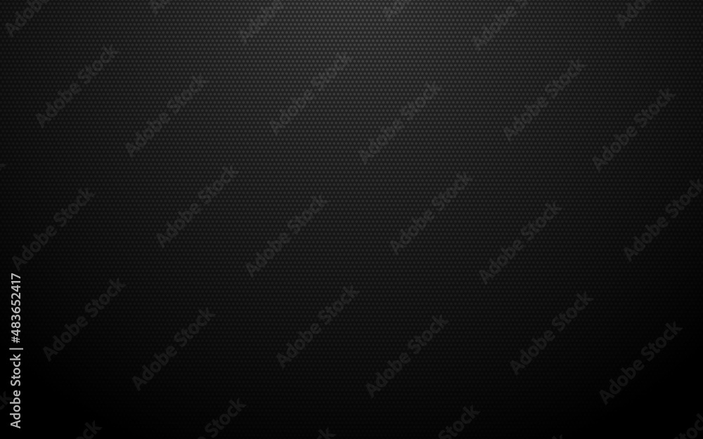 Black background. Dotted dark texture. Elegant wallpaper with soft shadow. Carbon cover design. Minimal website backdrop with light effect. Vector illustration