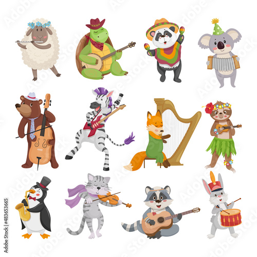 Fototapeta Naklejka Na Ścianę i Meble -  Collection of cartoon animals playing musical instruments.