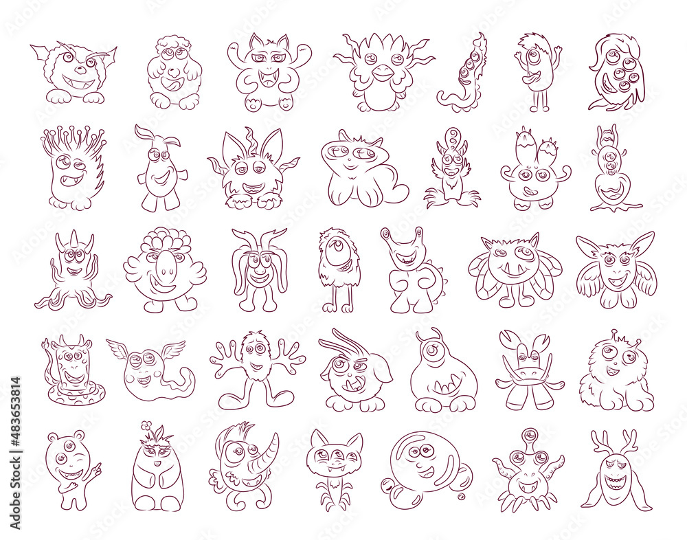 Collection of cartoon freaky monsters in sketch style. Monsters in line art.