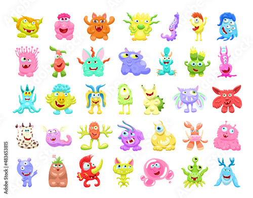 Collection of unusual cute monsters. Fictional quirky characters.