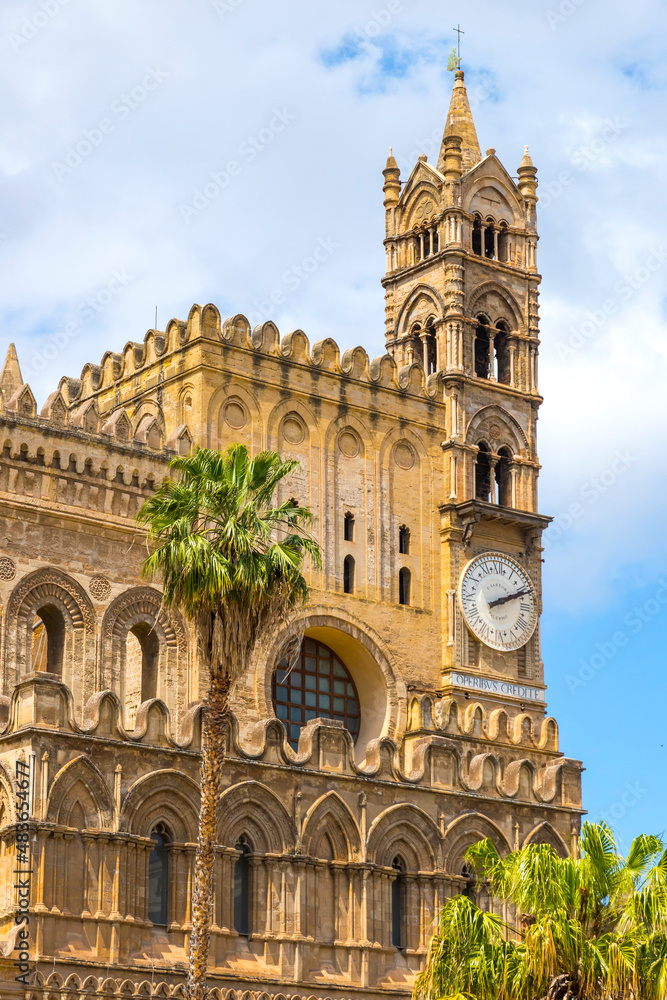 Bell Tower of Palermo Cathedral, Sicily, Italy. Groundbreaking in 1185, completed in the Middle Ages with subsequent additions until the 18th century. UNESCO World Heritage Site