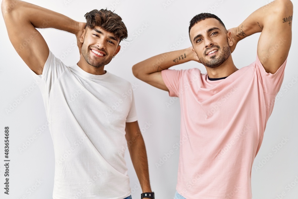 Young gay couple standing over isolated background relaxing and stretching, arms and hands behind head and neck smiling happy Young gay couple standing over isolated background relaxing and stretching, arms and hands behind head and neck smiling happy