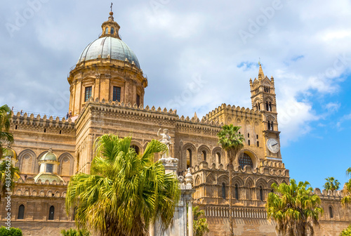 Facade view of Palermo Cathedral (Metropolitan Cathedral of the Assumption of Virgin Mary), located in Palermo, Sicily, Italy. UNESCO World Heritage Site