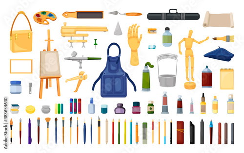 A set of tools for the artist. Bright illustrations with art supplies.