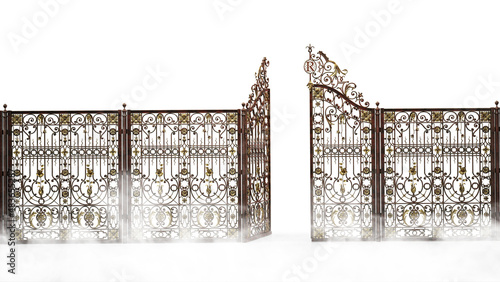 Luxurious open iron gate with fog, isolated on white, 3d rendering, 3d illustration 