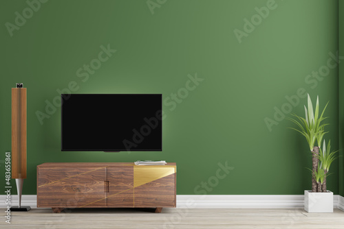 modern living room with tv with blank dark screen, wooden tv stand, light grey wooden floor, white skirting and clean green wall with green plant on the floor