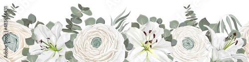 Seamless vector border. White lilies, white roses, eucalyptus, green plants and leaves. Elements for wedding design