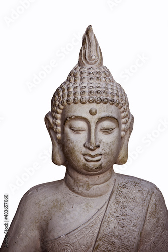 Portrait of a buddha statue, isolated on white background. Sign for peace and wisdom
