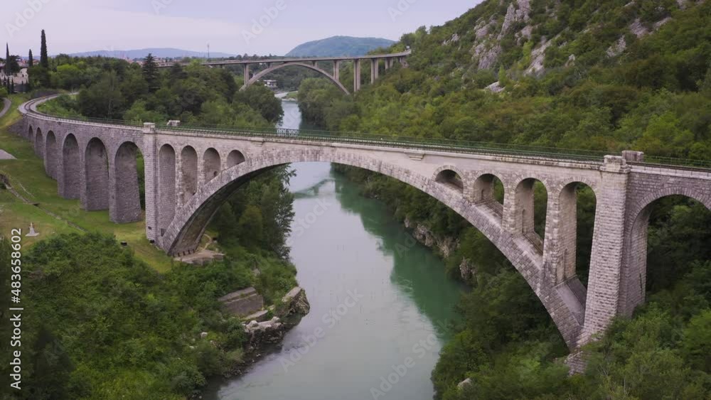 Slow departure viaduct river mountains forest rocks aerial cinematic drone footage Slow departure viaduct river mountains forest rocks aerial cinematic drone footage