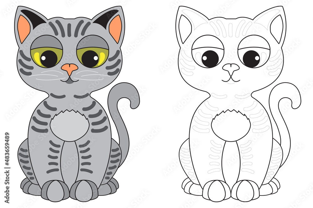 Obraz premium Simple coloring illustration for children with gray cat on a white background