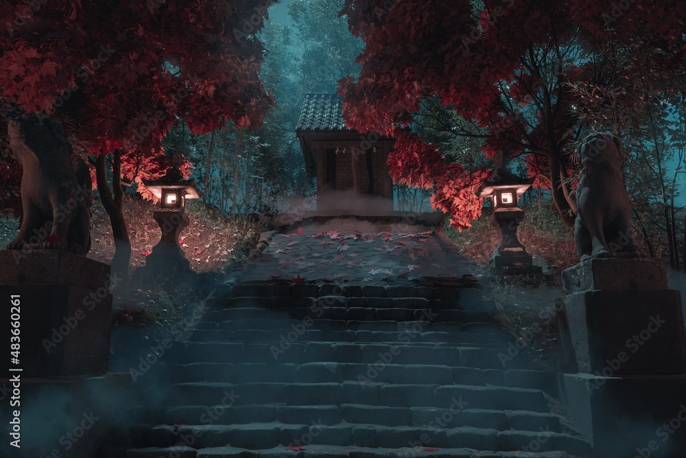 3d rendering of a japanese shrine at night with red maple trees and fog - obrazy, fototapety, plakaty 