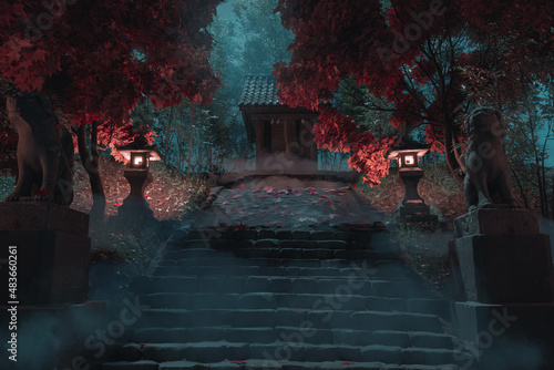 3d rendering of a japanese shrine at night with red maple trees and fog Fototapet