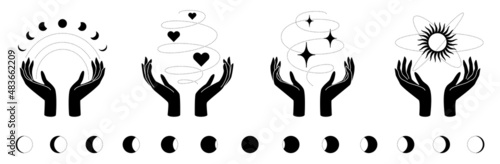 Feminine hands with moons, stars, hearts and sun as symbol of beauty, care, magic, meditation, charity, faith, hope.