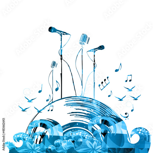 Microphones with LP record disc and waves isolated for live concert events, music festivals and shows, party flyers. Musical poster for karaoke singing vector illustration