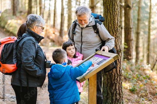 Family standing near info board in forest photo