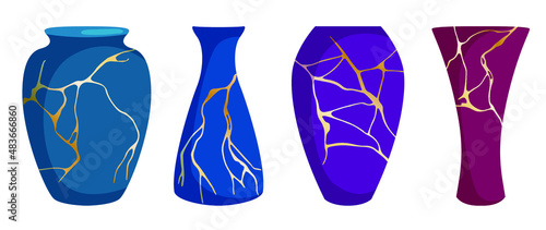 Kintsugi ceramic vases collection. Japanese art of repairing broken pottery gold patterns on ceramic vases. Colored ceramics vase objects, antique pottery cups. Gold kintsugi vector patterns.