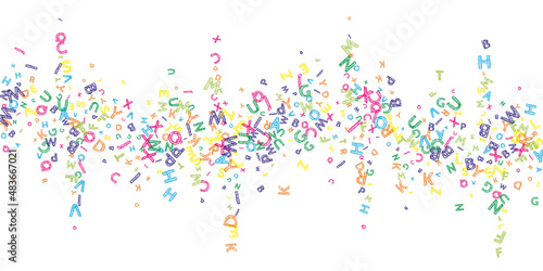 Falling letters of English language. Colorful messy sketch flying words of Latin alphabet. Foreign languages study concept. Ideal back to school banner on white background.