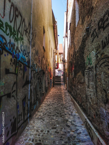 Narrow street with walls with graffiti and street art, Ljublana, Slovenia © Ilona