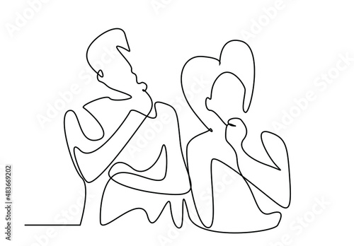 man and woman couple thinking together. couple with question marks on their heads.