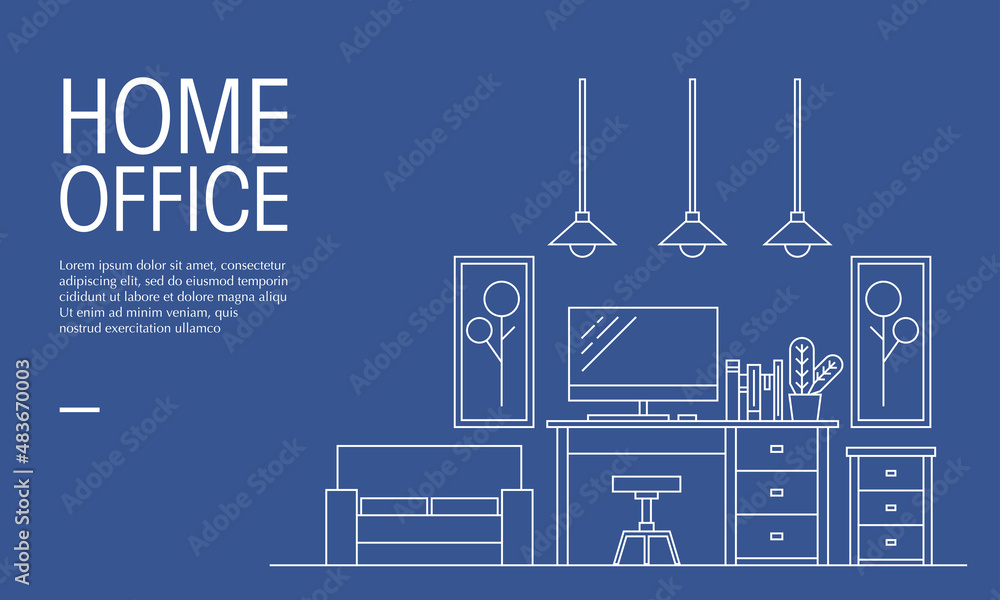 Vector illustration of office workspace in outline style. Suitable for design element from home office design and comfortable working desk for productivity.