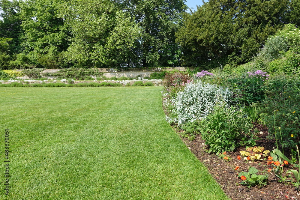 Beautiful Verdant Garden with a Freshly Mowed Grass Lawn, Colourful ...