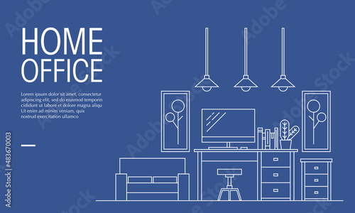 Vector illustration of office workspace in outline style. Suitable for design element from home office design and comfortable working desk for productivity.
