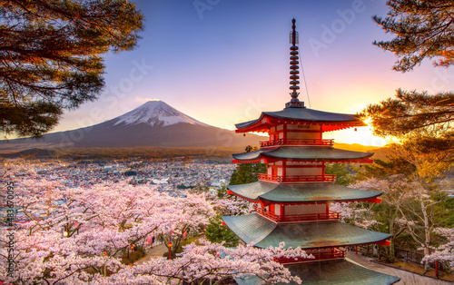 Chureito Pagoda and Fuji Mountain in Spring Season at Sunset, Fujiyoshiada, Yamanashi, japan photo