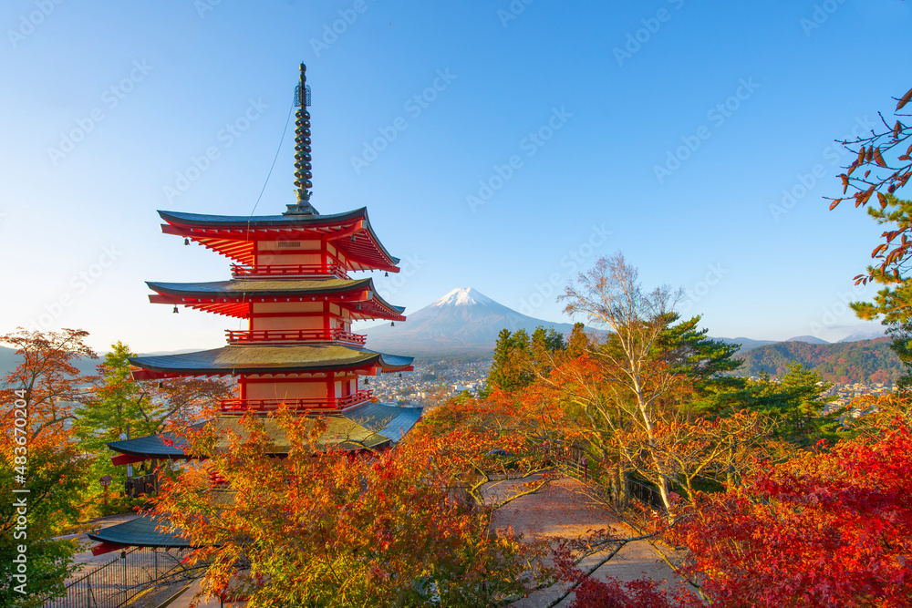 Fuji Mountain and Chureito Pagoda in Autumn Morning, Fujiyoshida, Yamanashi, japan Fuji Mountain and Chureito Pagoda in Autumn Morning, Fujiyoshida, Yamanashi, japan