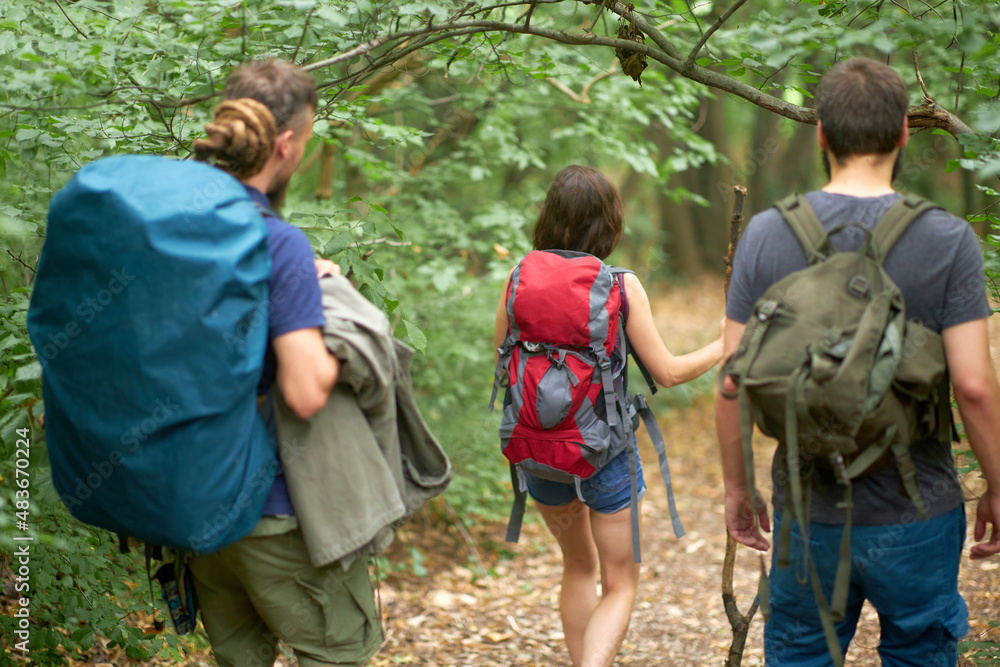 Three friends hiking down a trail through a forest, view from the back, using walking sticks, enjoying adventurous woods exploration