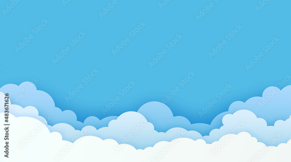 Blue sky with clouds. Paper art vector illustration