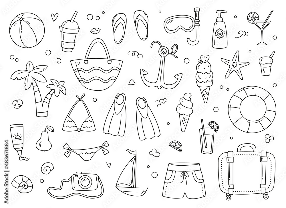 Summer vacation set, wardrobe items for traveling and relaxing on the  beach. Linear drawing, coloring book. Vector illustration in cartoon  childish style. Isolated funny clipart. cute print Stock Vector | Adobe  Stock